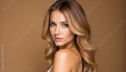 Close-up portrait of a young woman with long, soft blonde hair and calm expression, set against a warm brown background.	
