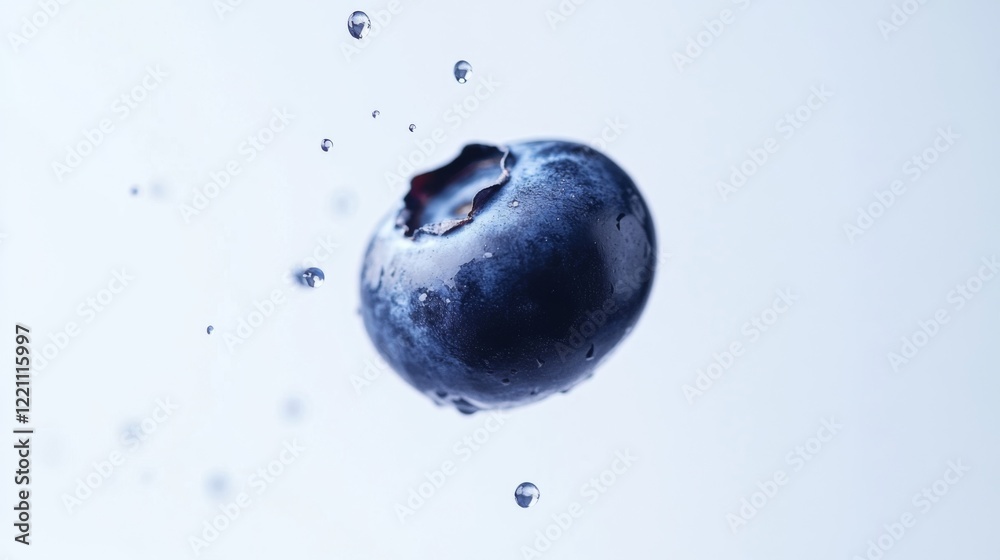 A Vibrant Blueberry in Mid-Air, Sparkling with Water Drops A Vibrant Blueberry in Mid-Air, Sparkling with Water Drops
