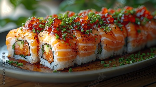 A close-up image of a beautifully arranged sushi platter featuring several pieces of nigiri sushi. photo