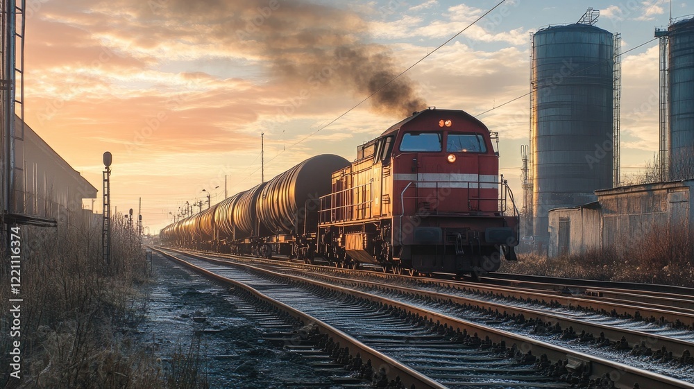 Fototapeta premium Freight train travels through industrial area at sunrise