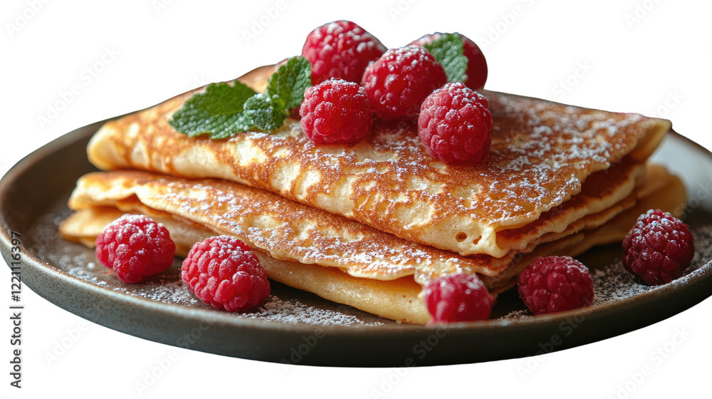 Fluffy Pancakes with Raspberries: An enticing stack of golden pancakes, generously adorned with vibrant red raspberries, a sprinkle of powdered sugar, and a sprig of fresh mint. Fluffy Pancakes with Raspberries: An enticing stack of golden pancakes, generously adorned with vibrant red raspberries, a sprinkle of powdered sugar, and a sprig of fresh mint.