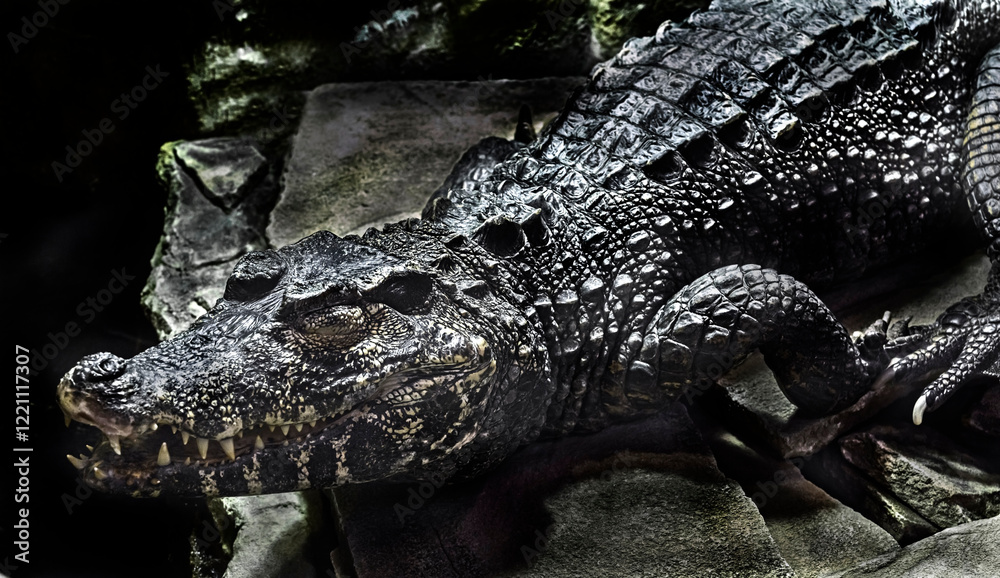 Obraz premium Dwarf caiman on the stone. Latin name - Paleosuchus palpebrosus