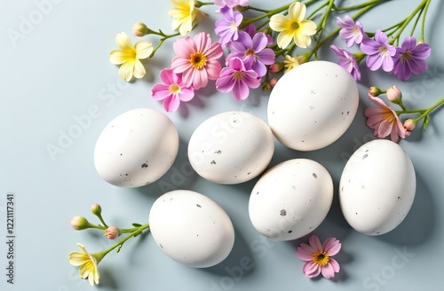 Easter composition. Banner on a white background. the eggs are white with gray spots, with delicate bright pink, blue, yellow, lilac flowers on long stems in the background. top view. five eggs, a lot photo