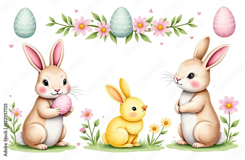 Fototapeta premium set of pictures of stickers for printing. Hand drawn Easter holiday collection with cute bunnies, pastel colored eggs, yellow chicks, seamless border and bouquets of primroses with daisies. Ideal for 