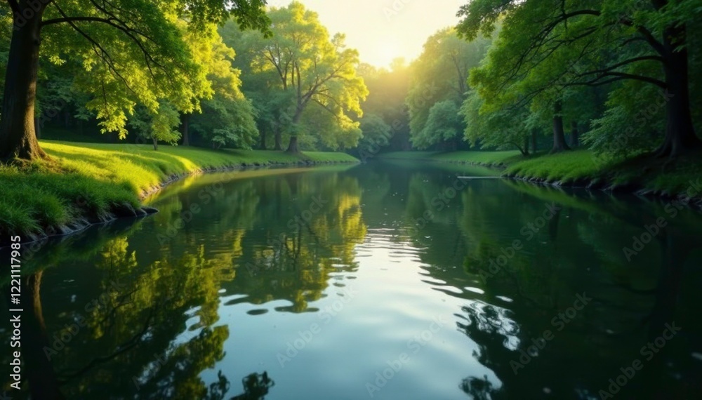 Gentle ripples on a still pond reflect the surrounding trees, stillness, serene, soft Gentle ripples on a still pond reflect the surrounding trees, stillness, serene, soft