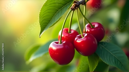 Ripe Red Cherries on Branch Fresh Fruit Summer Harvest photo