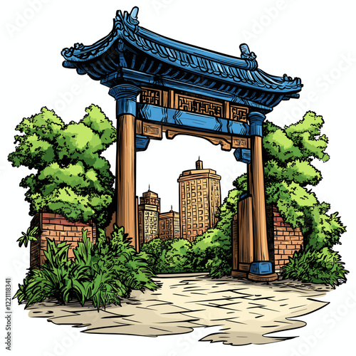 Vector comic hand-drawn illustration of Chinatown gate. Chinatown gate in New York
