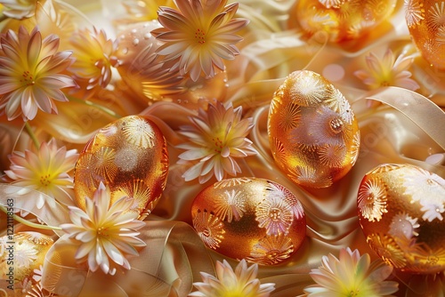 Glossy shinny Intricate golden Glossy shinny Intricate golden Easter poster and blank banner template on wooden background without text , on the extreme right third of an image, rule of thirds, 