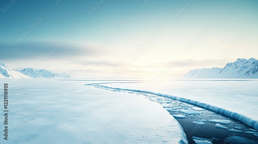 Obraz premium The impact of climate change on weather and sea levels. Snowy landscape with a winding river under a serene sky.