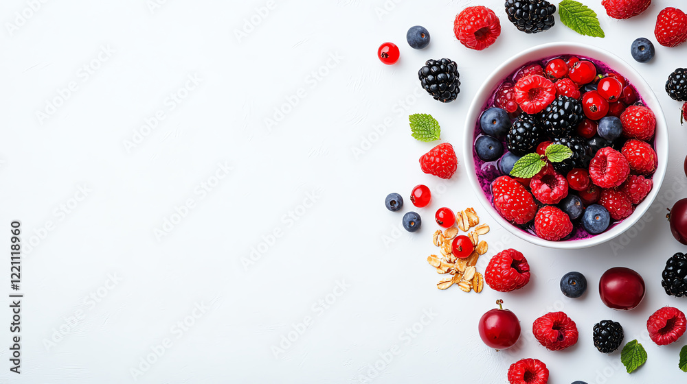 Berry acai bowl with vibrant mixed berries, granola, white background Berry acai bowl with vibrant mixed berries, granola, white background