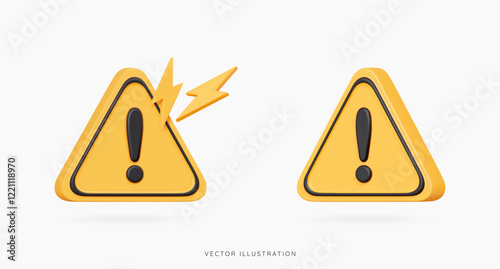 3D Attention sign with exclamation mark icon set. Yellow triangle with lightnings. Error warning. Alert notification. Hazard symbol. Cartoon design icons isolated on white. 3D Vector illustration