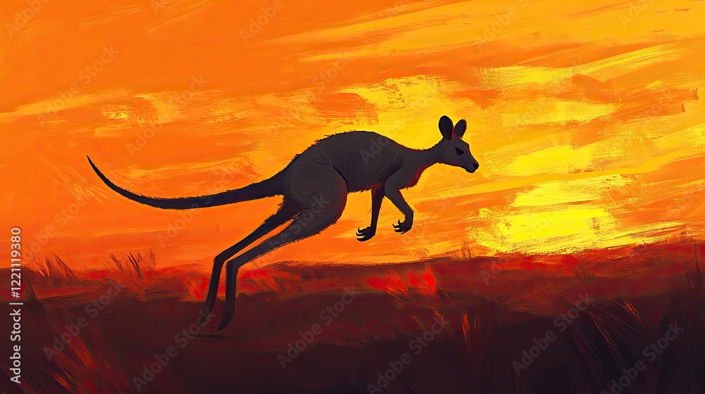 Kangaroo Leaping Sunset Australian Outback Landscape Kangaroo Leaping Sunset Australian Outback Landscape
