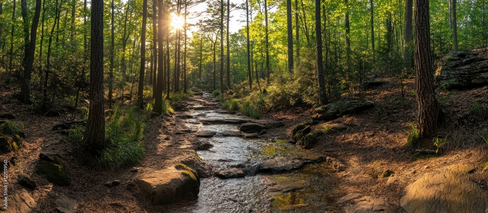 Fototapeta premium Serene Sunset Stream in a Lush Forest