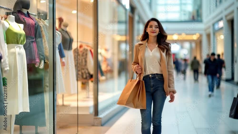 Young Woman Window Shopping in a Modern Shopping Mall