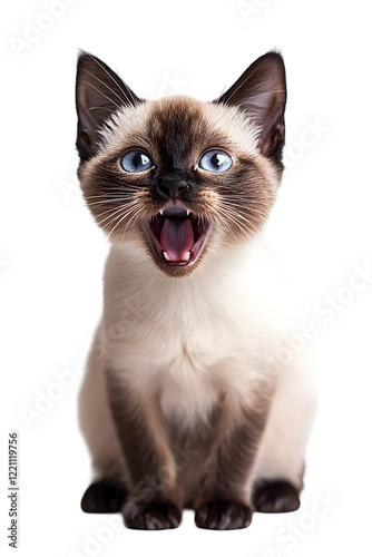 Closeup portrait of Siamese cat meowing on plain white isolated background