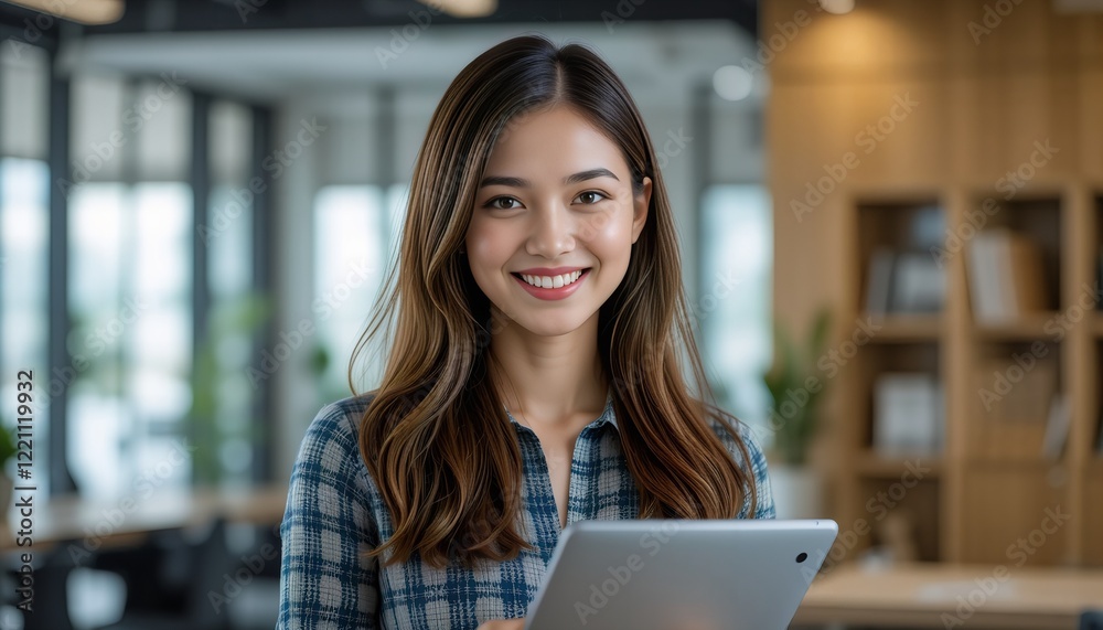 A young, smiling businesswoman or teacher in an office setting, holding a digital tablet. A young, smiling businesswoman or teacher in an office setting, holding a digital tablet.