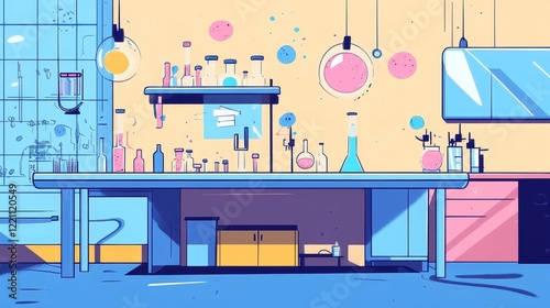 Particulate matter flat design side view laboratory experiment theme cartoon drawing triadic color scheme.