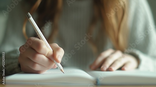 closeup of woman's hand writing with pencil on open notebook in daylight blurred background copyspace concept of study marketing design