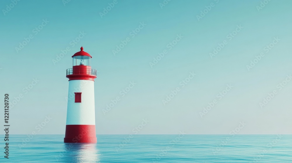 Solitary red and white lighthouse standing in calm turquoise sea Solitary red and white lighthouse standing in calm turquoise sea