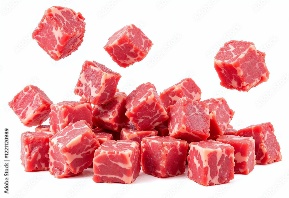 Falling meat beef cubes isolated on transparent or white background, png Falling meat beef cubes isolated on transparent or white background, png