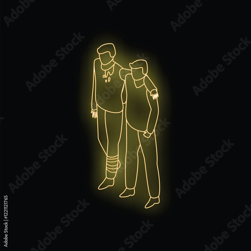 Neon illustration of two friends walking and supporting each other, symbolizing friendship, help, and compassion
