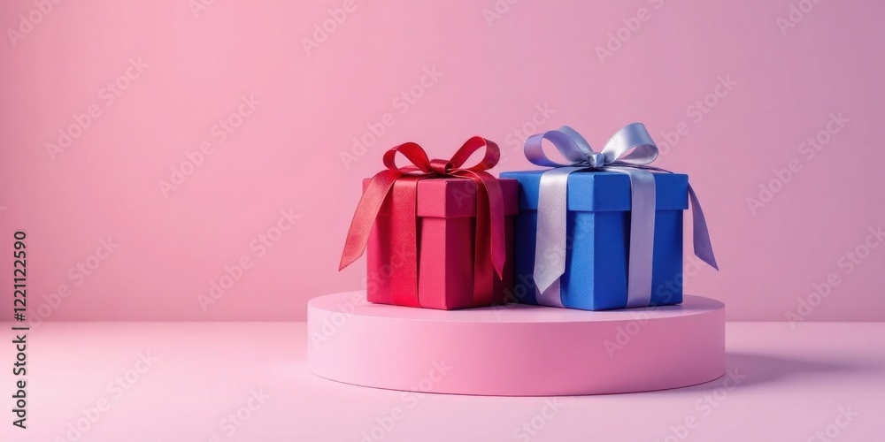 Obraz premium Two elegantly wrapped presents, crimson and azure, displayed on a soft pink pedestal against a delicate pink backdrop.