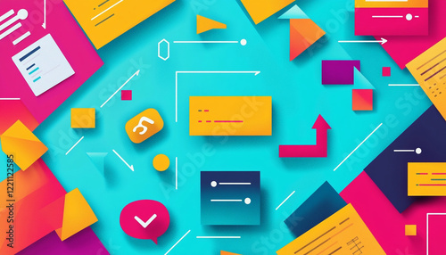 Vibrant flat lay design featuring colorful geometric shapes and icons, ideal for creating workflow infographic. bright colors and dynamic layout evoke creativity and innovation
