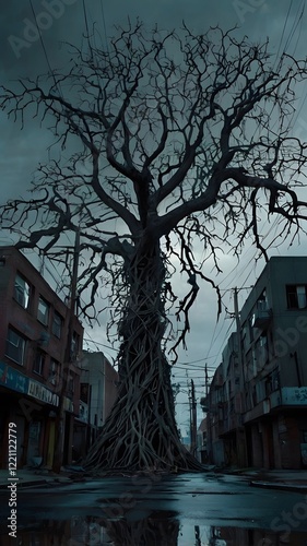 A nightmarish binary tree entity towers over a deserted city street, its branches twisting and bifurcating in unnatural patterns. In the center, a face-like formation appears, with hollow eyes and a g photo