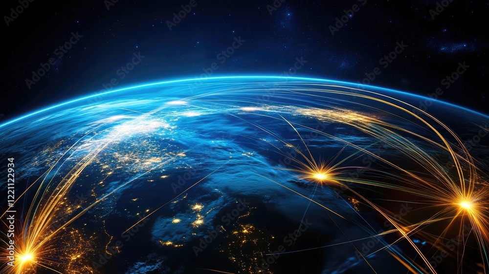 Obraz premium Glowing network lines connecting across Earth viewed from space