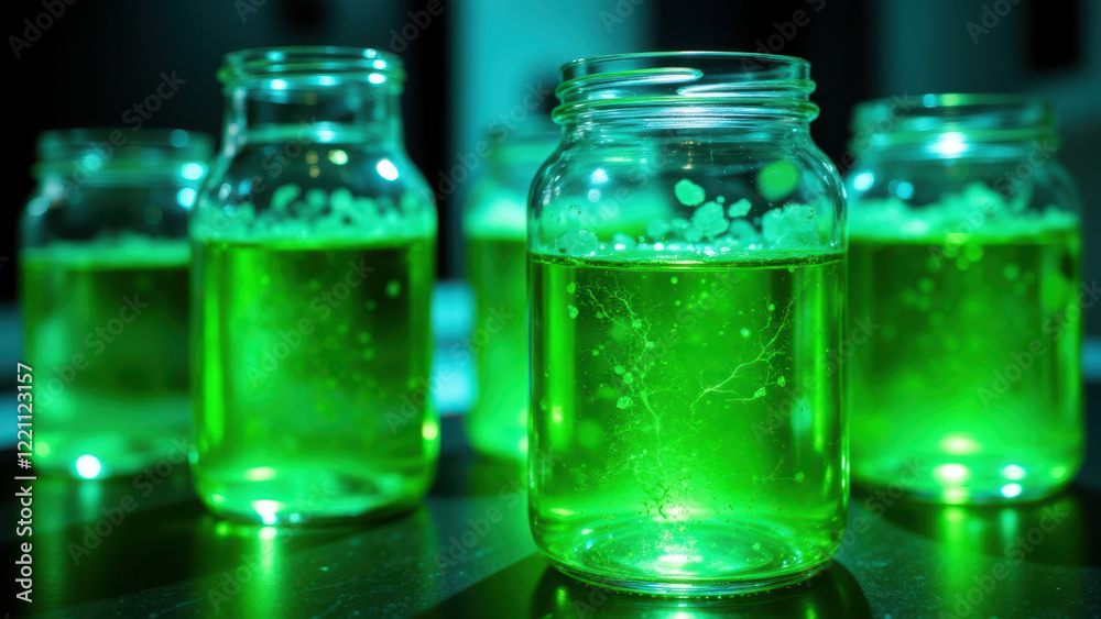 Green liquid in glass jars on table. Green liquid in glass jars on table.