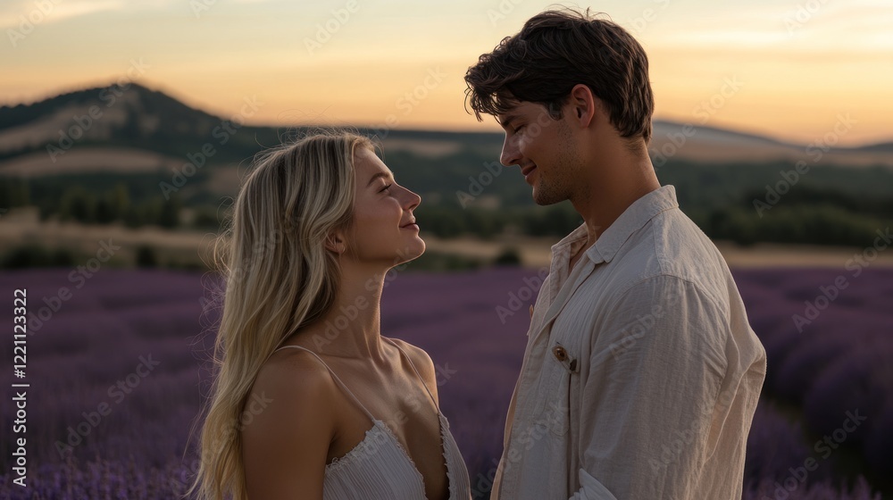 Couple in love amidst a lavender field at sunset Couple in love amidst a lavender field at sunset
