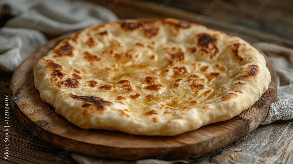 Freshly baked flatbread on wooden board Freshly baked flatbread on wooden board
