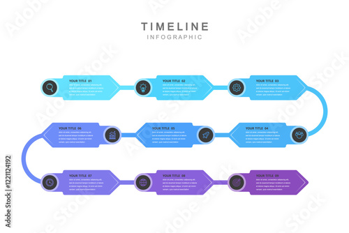 Business road map timeline infographic concept. with icons and 9 steps. Can be used for workflow layout, icons, diagram, report, web design Creative. marketing data. Vector illustration
