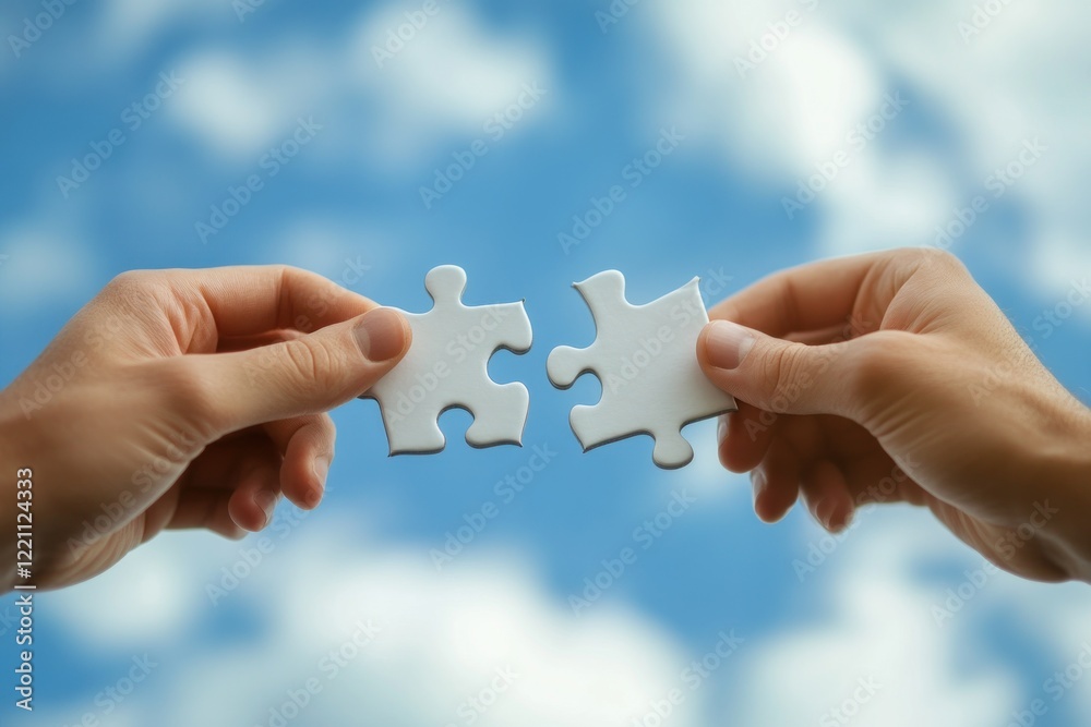 Connection and Unity: Two Hands Joining Puzzle Pieces Against a Sky Background Connection and Unity: Two Hands Joining Puzzle Pieces Against a Sky Background