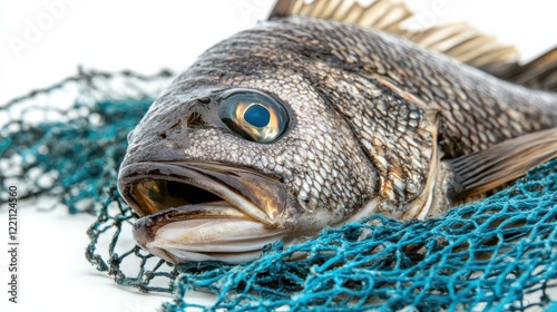 Close-up of a freshly caught fish resting on a vibrant fishing net, showcasing its scales and eye photo