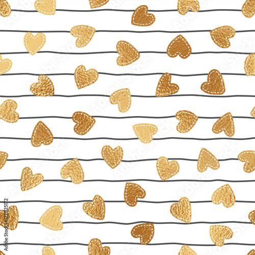Heart seamless pattern. Repeated gold foil hearts. Love design. Gift paper. Background for prints. Repeating golden hearth. Modern patern. Wedding wrapper. Glitter woman packing. Vector illustration