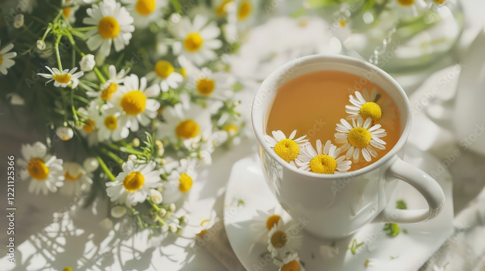 Cup of chamomile tea on white wooden table Cup of chamomile tea on white wooden table