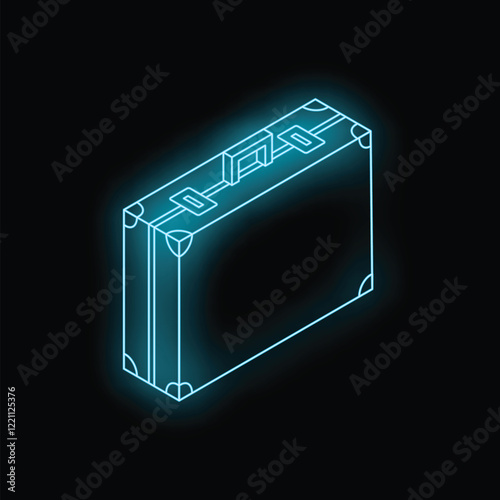 Turquoise neon suitcase shining on dark background, representing concepts of business, travel, vacation, and tourism photo