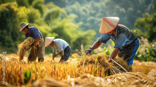 Farmers Harvesting Rice in Lush Green Fields with Traditional Hats Under a Clear Blue Sky in Rural Asia