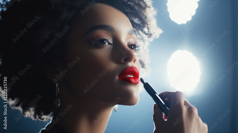 Fototapeta premium Woman Applying Red Lipstick Makeup Session