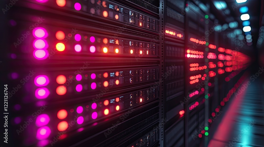 A colorful array of illuminated circuit boards aligned in a server rack, A colorful array of illuminated circuit boards aligned in a server rack,