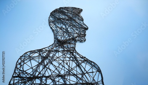 철선들이 서로 얽혀 형성된 인간 형상의 윤곽. 철선들이 복잡하게 얽히는 모습은 사람들 간의 관계와 갈등을 나타낸다