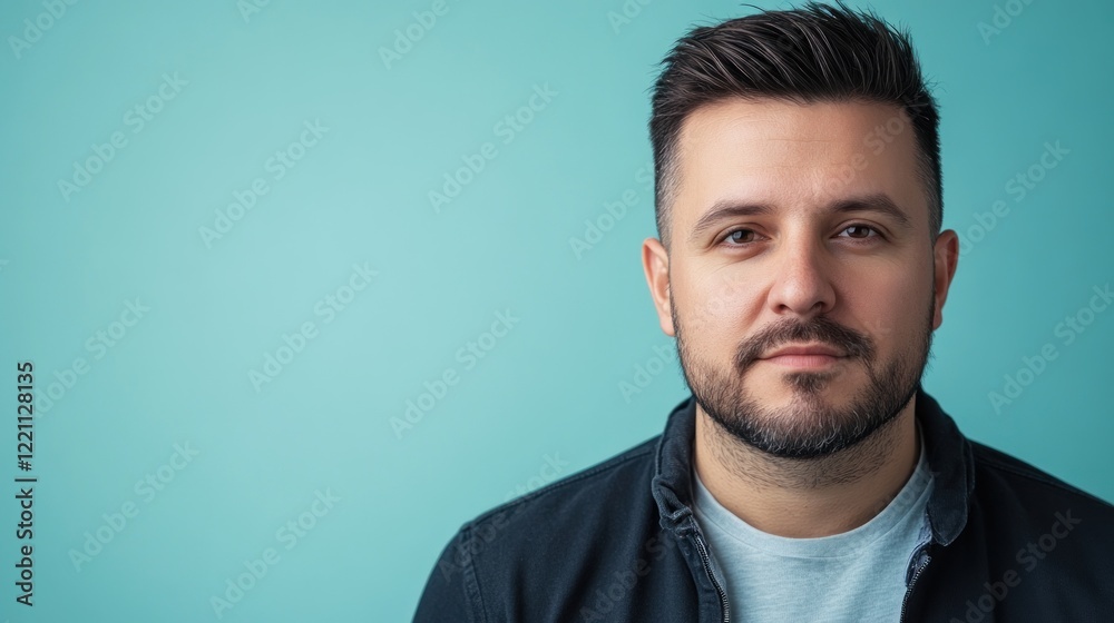 Fototapeta premium A young man with a beard poses against a teal background