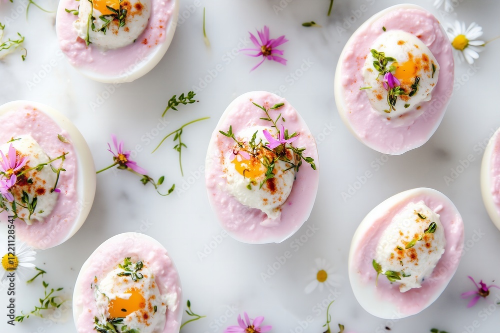 flat lay of pastel pink deviled eggs arranged artfully on a white marble surface. The eggs are filled with bright yellow yolk filling, adorned with fresh daisies, Easter flat lay of pastel pink deviled eggs arranged artfully on a white marble surface. The eggs are filled with bright yellow yolk filling, adorned with fresh daisies, Easter