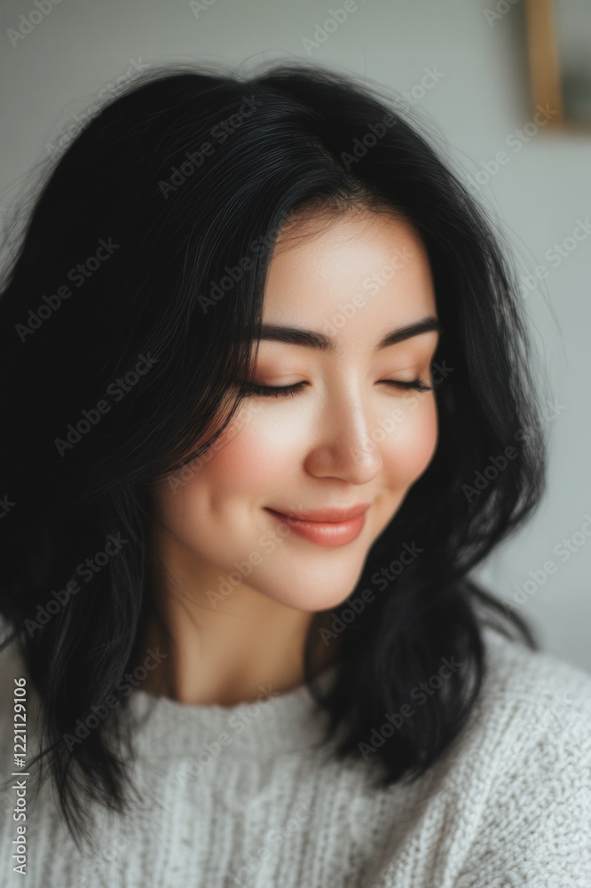 A young woman with stunning features and a soft smile, wearing a cozy sweater, radiating natural beauty and calm, beautifully captured in soft light creating inviting warmth. A young woman with stunning features and a soft smile, wearing a cozy sweater, radiating natural beauty and calm, beautifully captured in soft light creating inviting warmth.
