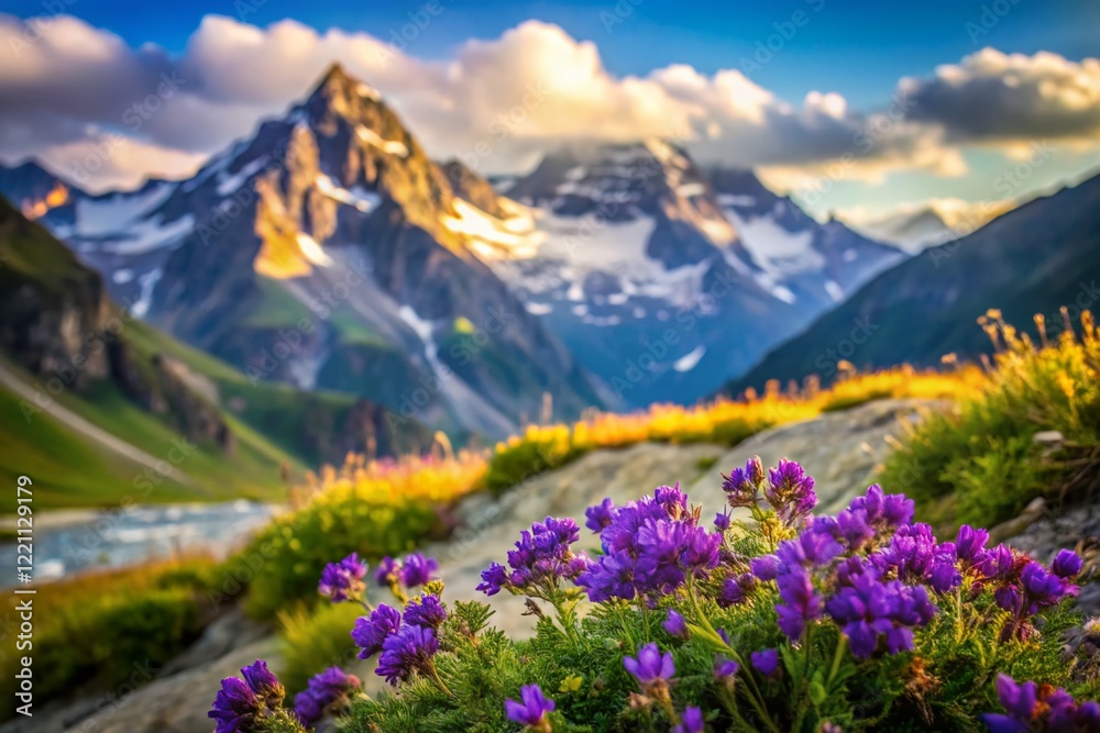 Fototapeta premium Violet Alpine Wildflowers and Mountain Chain Header Image - Urban Exploration Photography