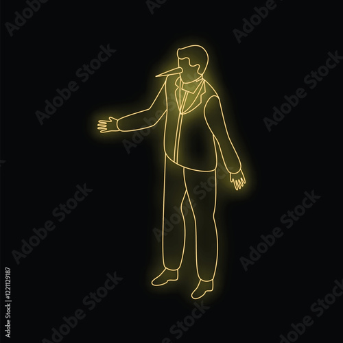 Neon yellow glowing businessman with long nose gesturing showing deception, dishonesty, and fake news