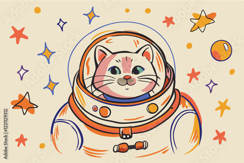 Astronaut Cat in Space Suit Surrounded by Stars and Planets - Whimsical Illustration for Stock Photography