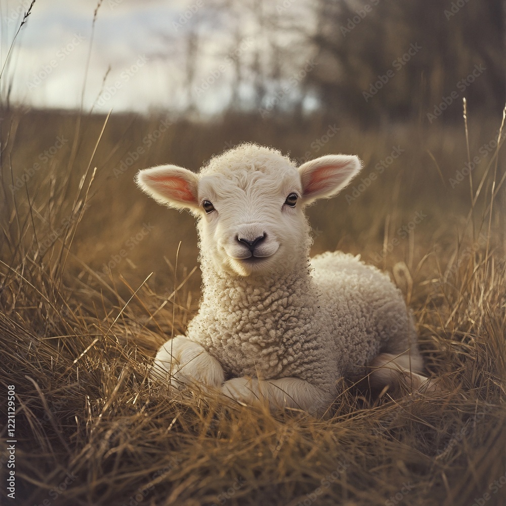 Obraz premium Cute Lamb Resting in Tall Grass Under Soft Light in Nature