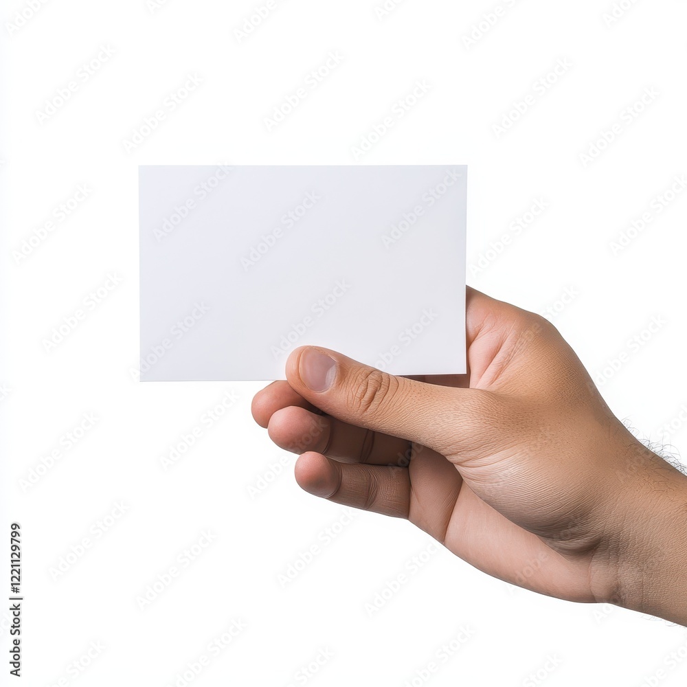 Hand holding white business card mockup for professional networking and branding purposes in bright environment Hand holding white business card mockup for professional networking and branding purposes in bright environment